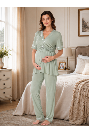 Effortt 5092Yeşil Biye Detaylı Lohusa Pijama Takımı Effortt 5092Yeşil Biye Detaylı Lohusa Pijama Takımı